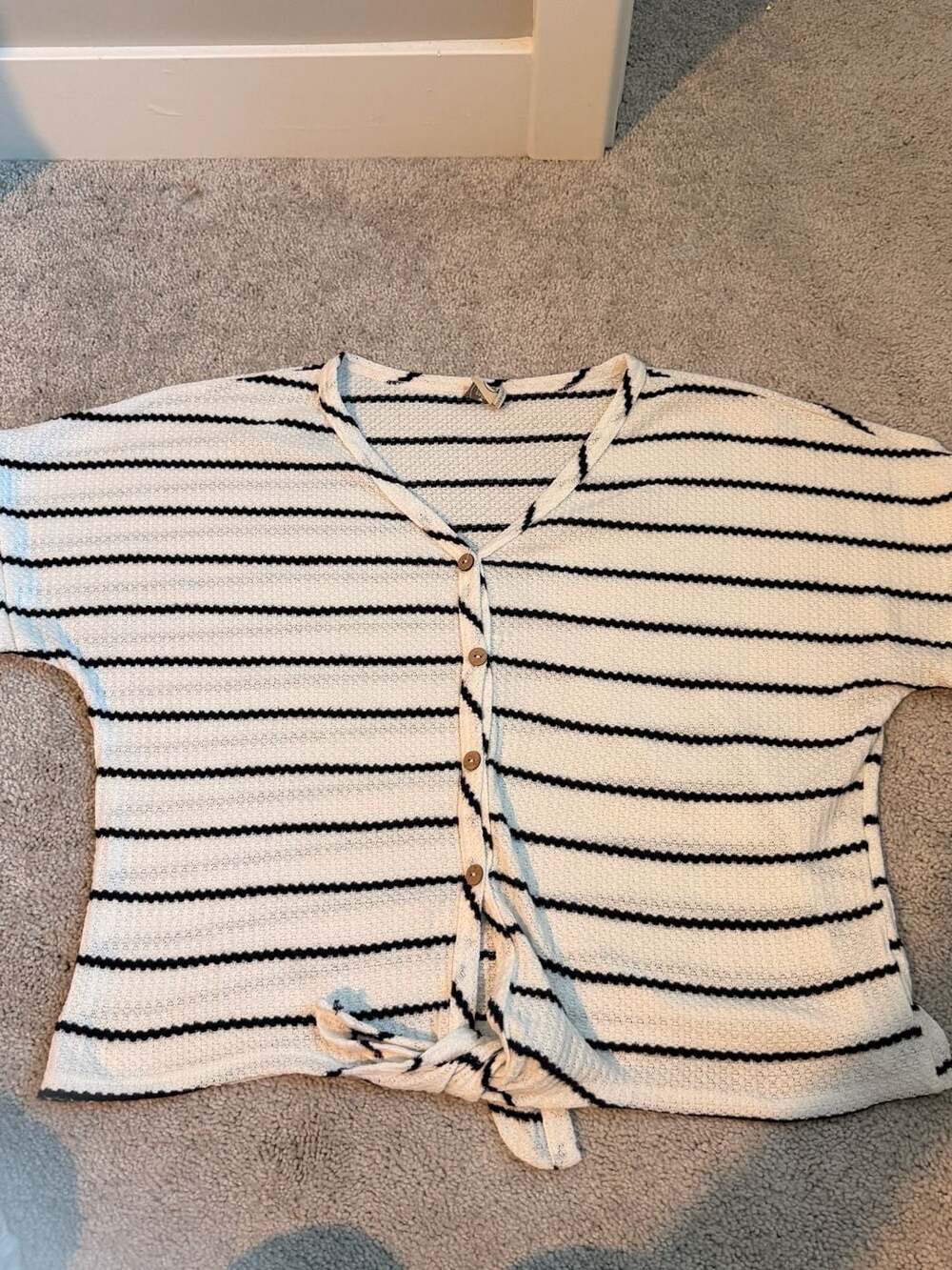 Paper Crane Button Down Top Size M Black White Stripe Waffle Knit Tie Front